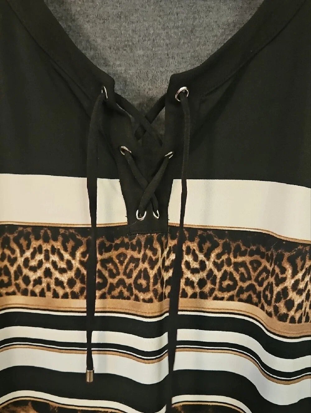 Chico's Black Leopard & Stripe Lace-Up Long Sleeve Top - Picture 3 of 7